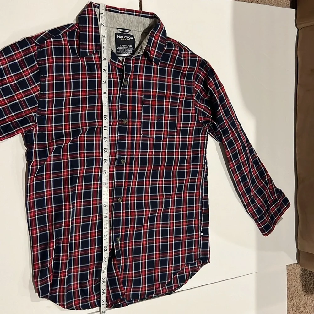 Nautica Plaid Long Sleeve Button Up Top Red, White and Blue Sz L 14/16 - Picture 7 of 7